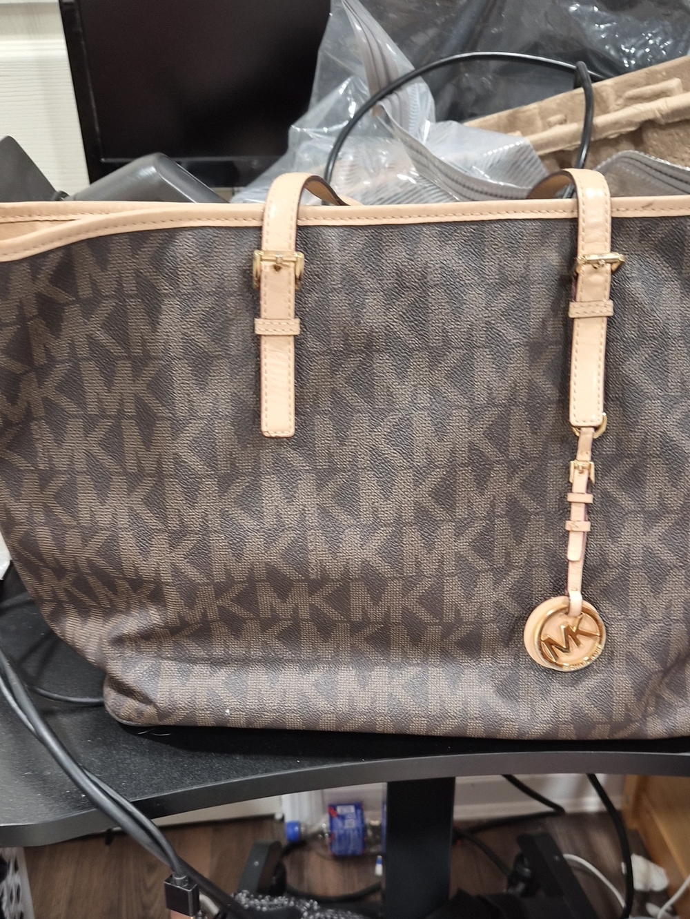 Michael Kors Brown MK Logo Tote with Beige Trim and Gold Charm